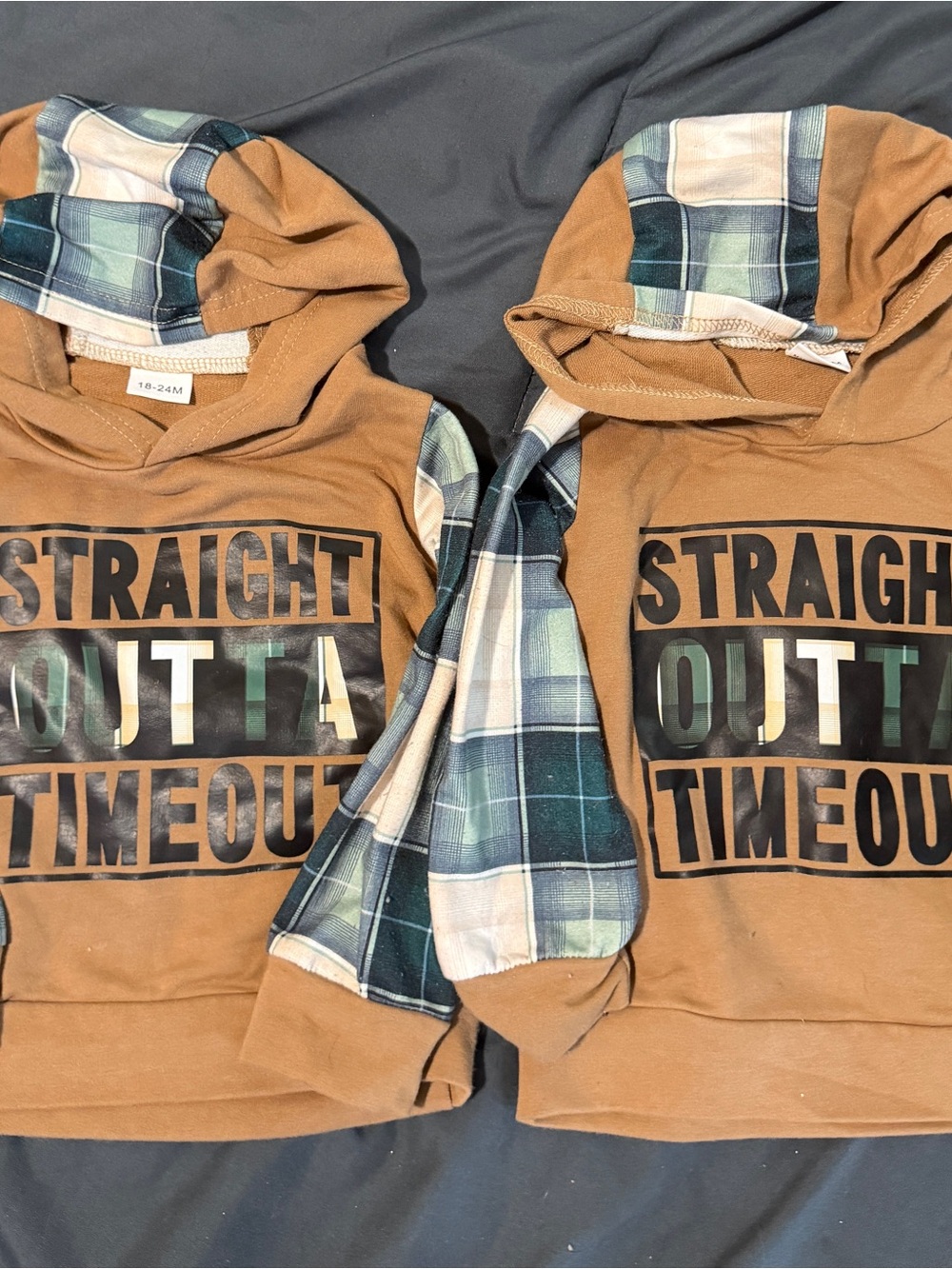2 Amazon Brown Hooded Kids Sweatshirt with Green & Navy Plaid Sleeves